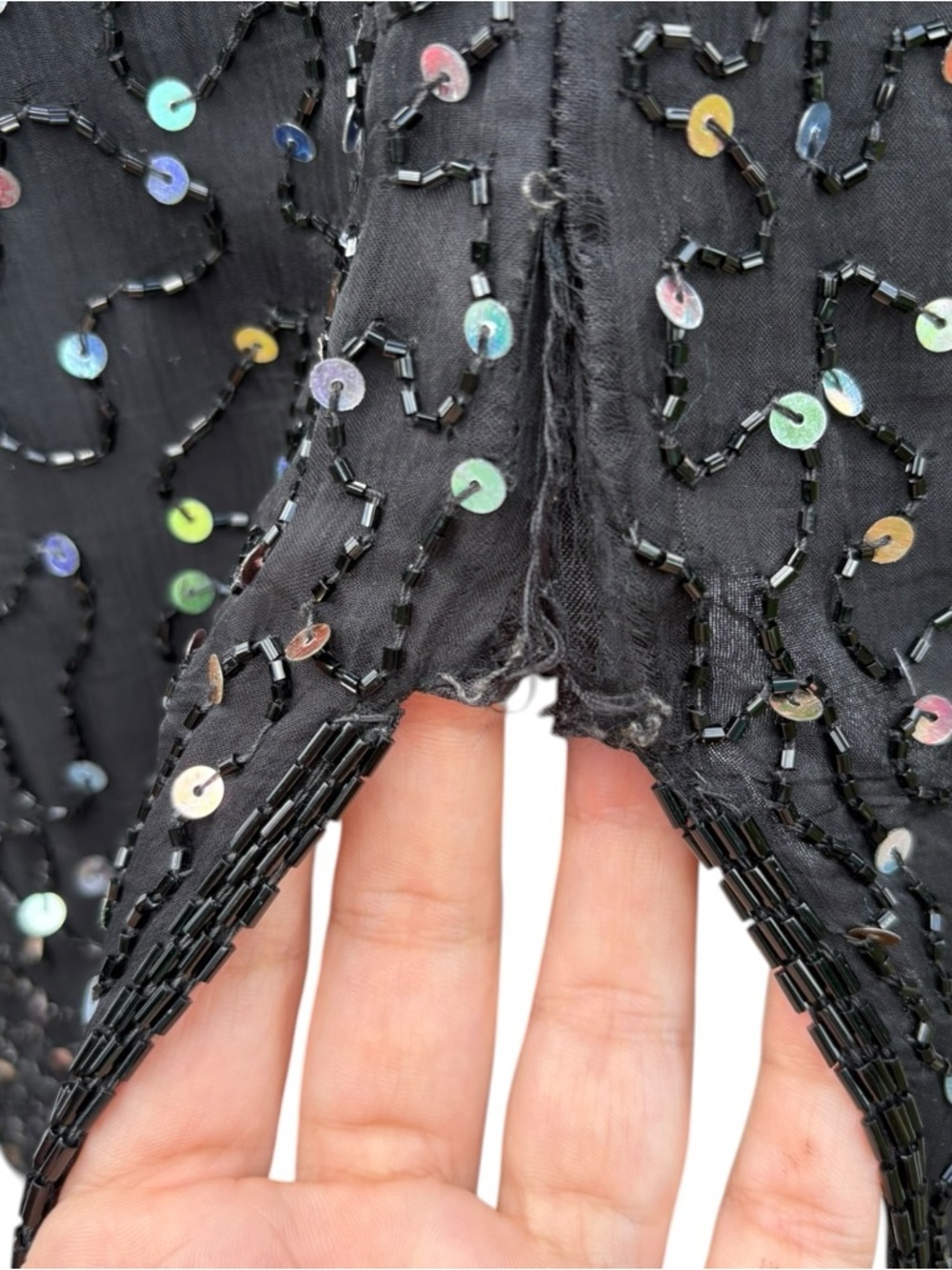 ✨ Vintage Laurence Kazar Silk Beaded and Iridescent Sequin Cocktail Dress Sz L ✨ - Picture 9 of 12